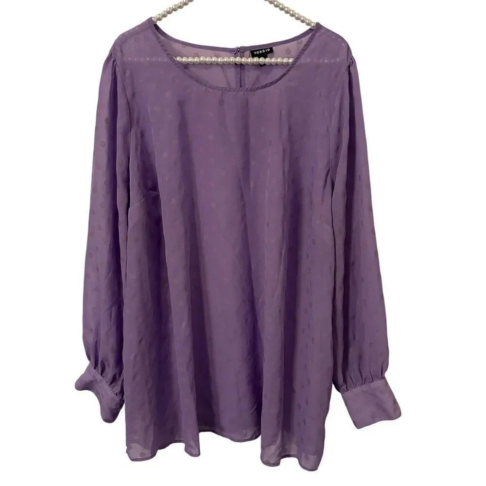 Torrid Blouse Womens 3 Purple Sheer Polka Dot Long Sleeve Button fairy Dressy